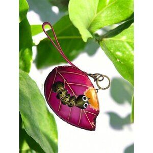 New Pink Genuine Leather Handmade Caterpillar Coin Purse Wristlet Key Case